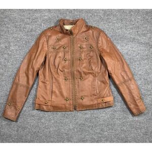 Harley Davidson Jacket Womens XL Brown Leather Studded‎ Motorcycle Zip Embroider